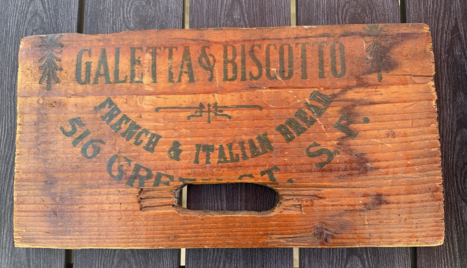 Early 20th Century Crate Panel. Galetta & Biscotto 516 Green St San Francisco Early 20th Century Crate Panel. Galetta & Biscotto 516 Green St San Francisco