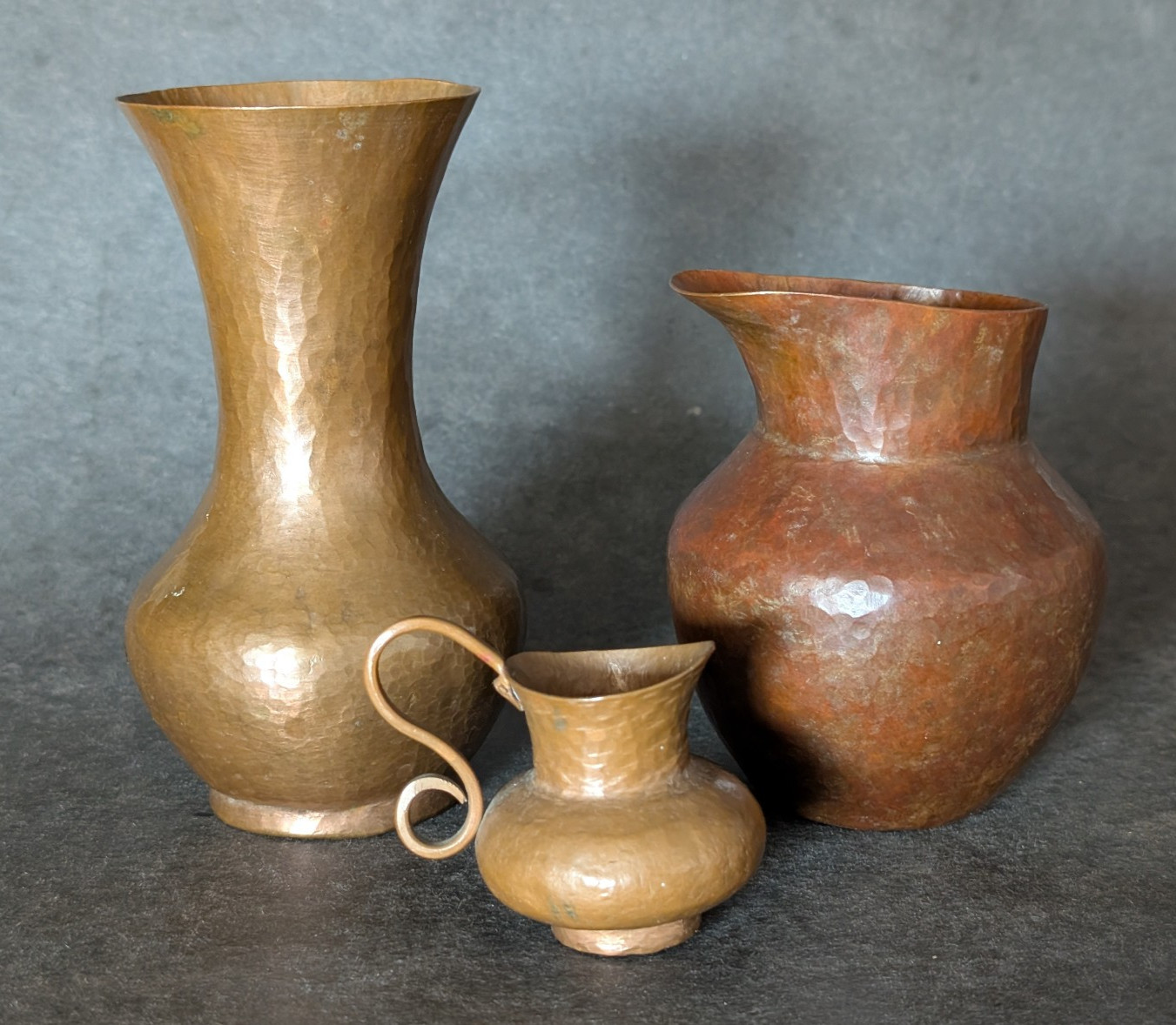 Antique Hand Hammered Copper Pitcher & Vase Lot One Marked JS Arts and Crafts Antique Hand Hammered Copper Pitcher & Vase Lot One Marked JS Arts and Crafts