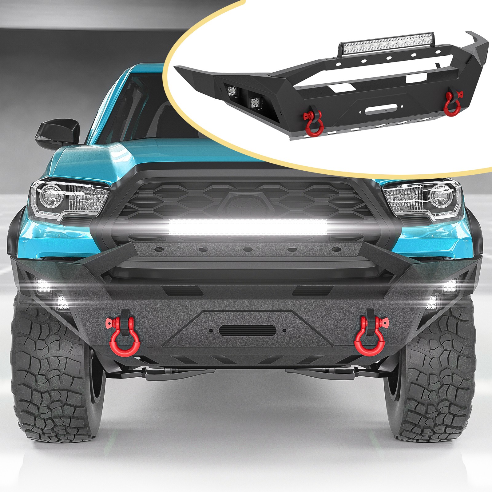 For 2016-2023 Toyota Tacoma Front Bumper with Winch Plate&LED Light&D-Rings