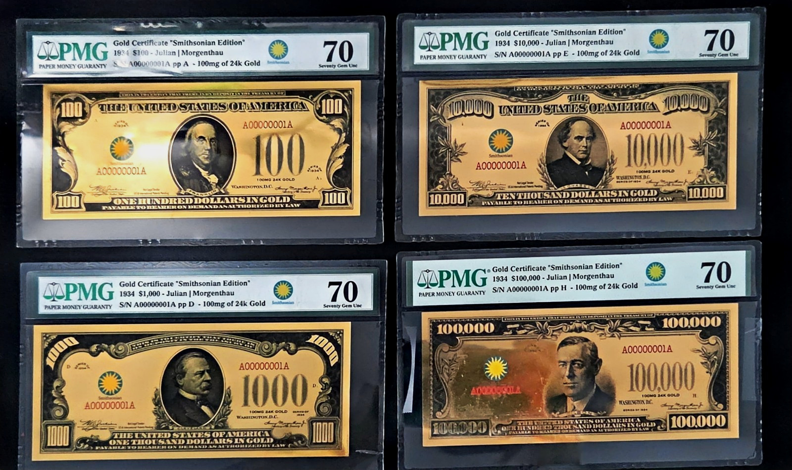 1934 Smithsonian Gold Certificate Set $100-$100K PMG 70 100mg 24K Gold x4