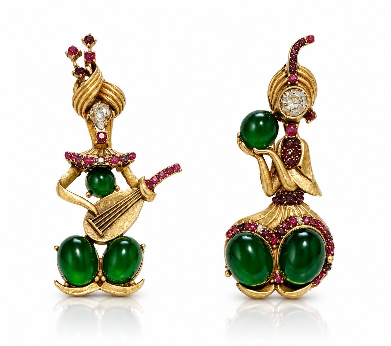 Rare Vintage Signed Figural Dancer Earrings Green Cabochon Gold Tone Pair