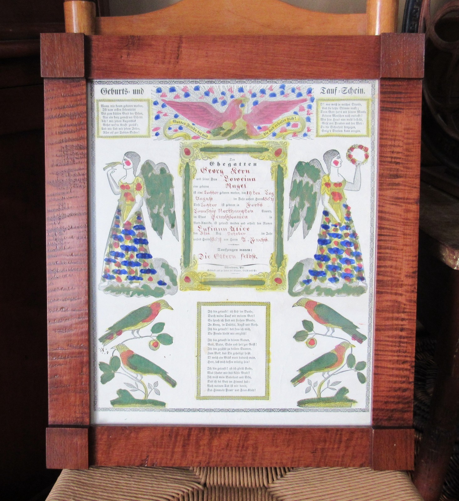 Antique 1854 Penn German Fraktur Birth Baptism Hand Painted Custom Frame HISTORY