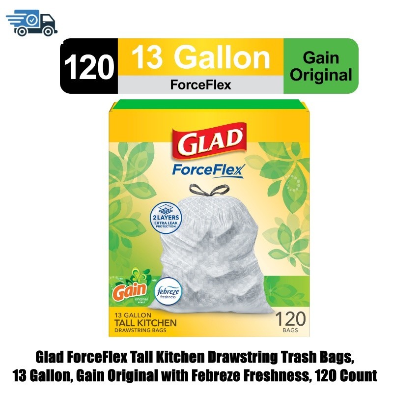 Glad ForceFlex Tall Kitchen Drawstring Trash Bags, 13 Gallon, Gain Original with Glad ForceFlex Tall Kitchen Drawstring Trash Bags, 13 Gallon, Gain Original with