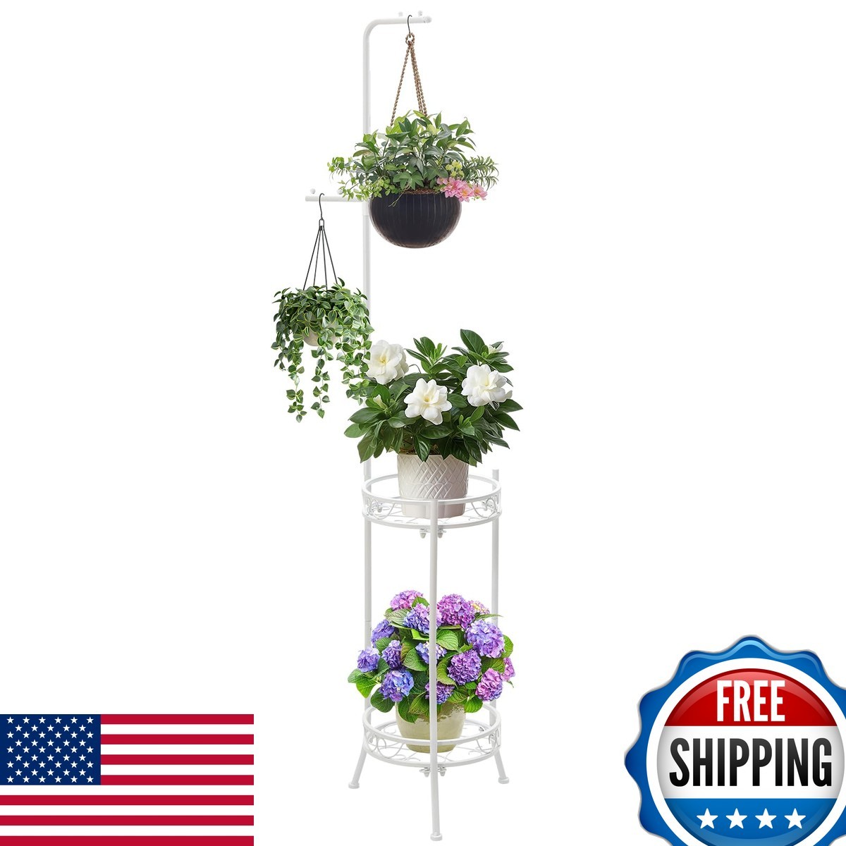 Icewogo 4-Tier Metal Plant Stand 72in Tall with Hangers - White Icewogo 4-Tier Metal Plant Stand 72in Tall with Hangers - White