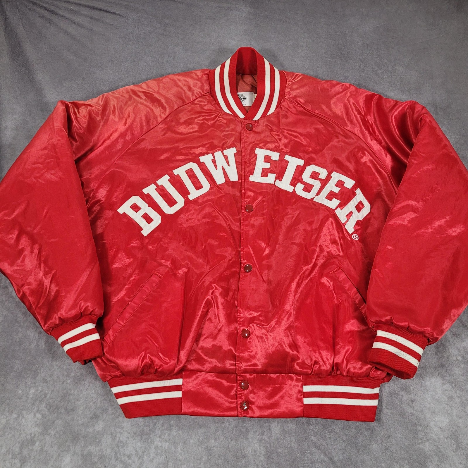 Vintage Budweiser Jacket Mens 2XL Red Satin Varsity Quilted Bomber Made USA Beer