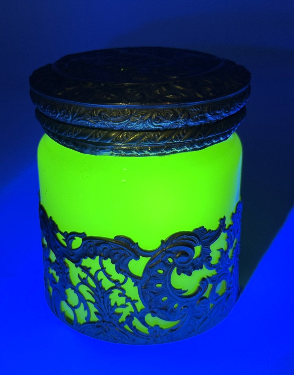 Antique French Opaline Uranium Yellow Glass  Roundl Ornate  Bronze Box