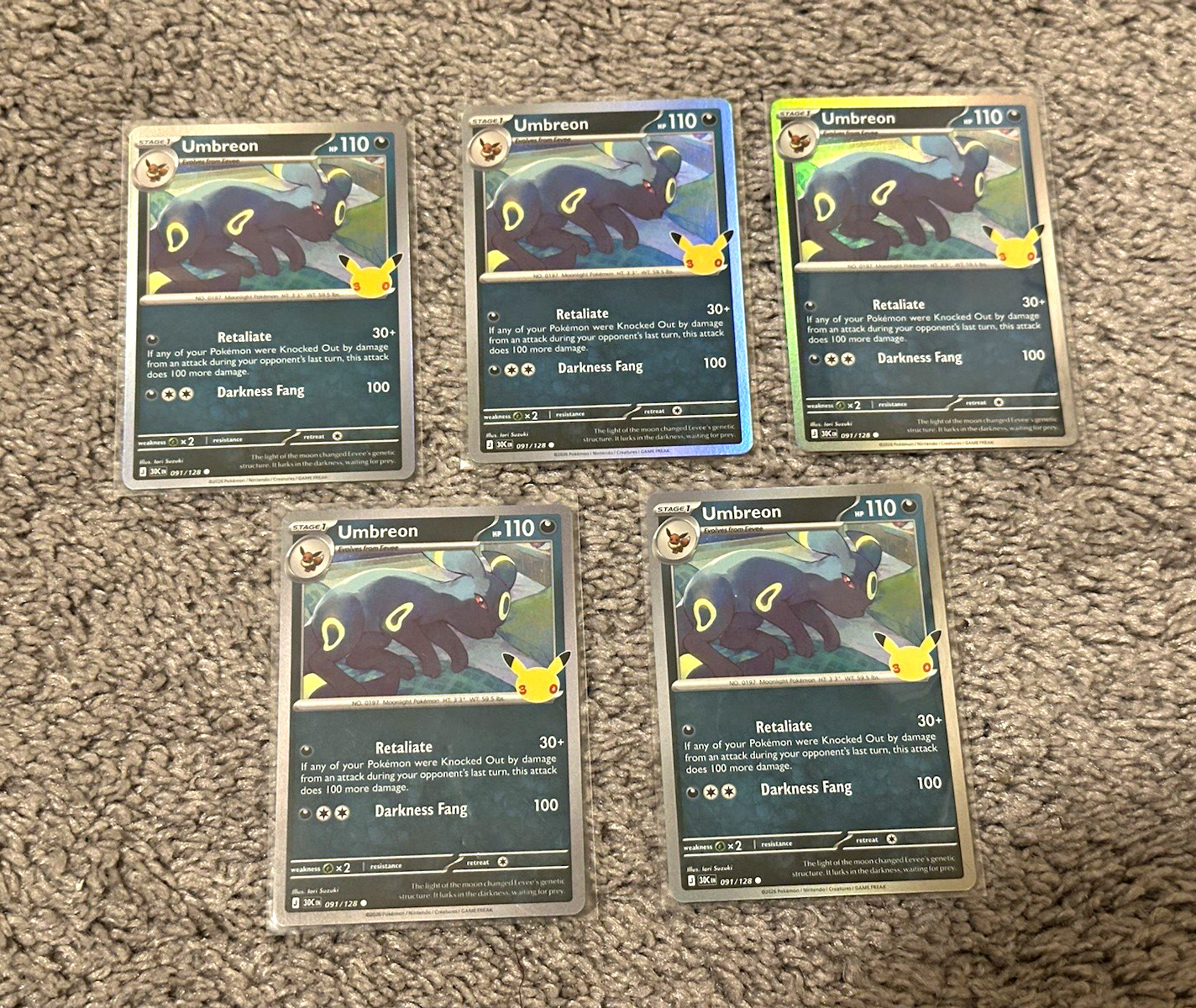 Pokemon 30th Celebration Holo Umbreon 091/128 Common Near Mint - Lot of 5 Pokemon 30th Celebration Holo Umbreon 091/128 Common Near Mint - Lot of 5