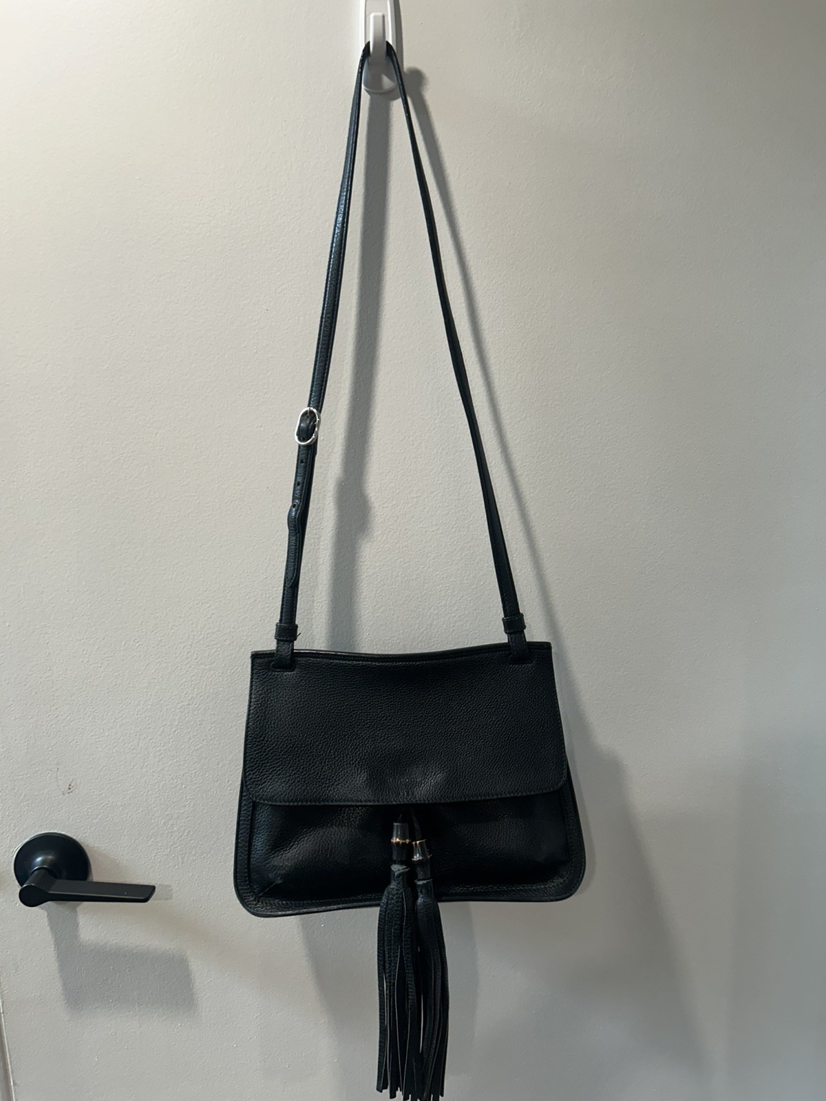 Authentic Gucci Bamboo Daily Medium Black Leather Tassel Shoulder/Crossbody Bag