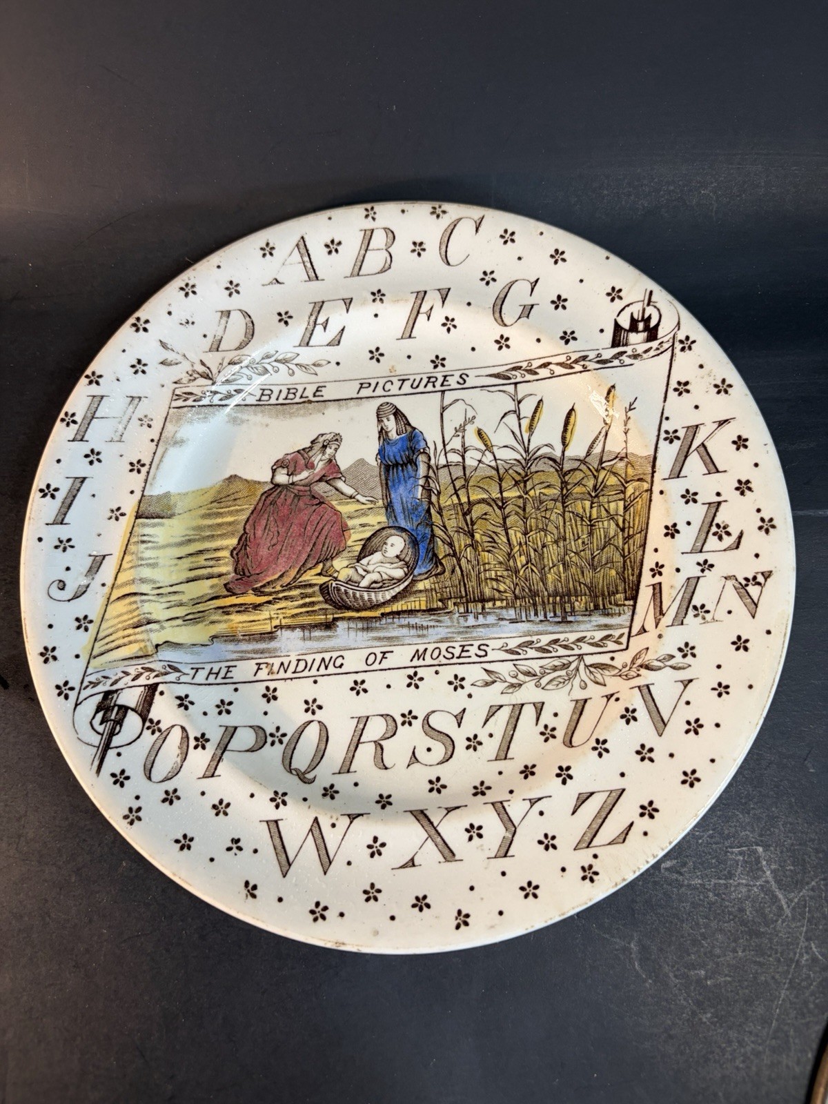 Antique 19th Century England ABC Plate Bible Pictures The Finding Of Moses