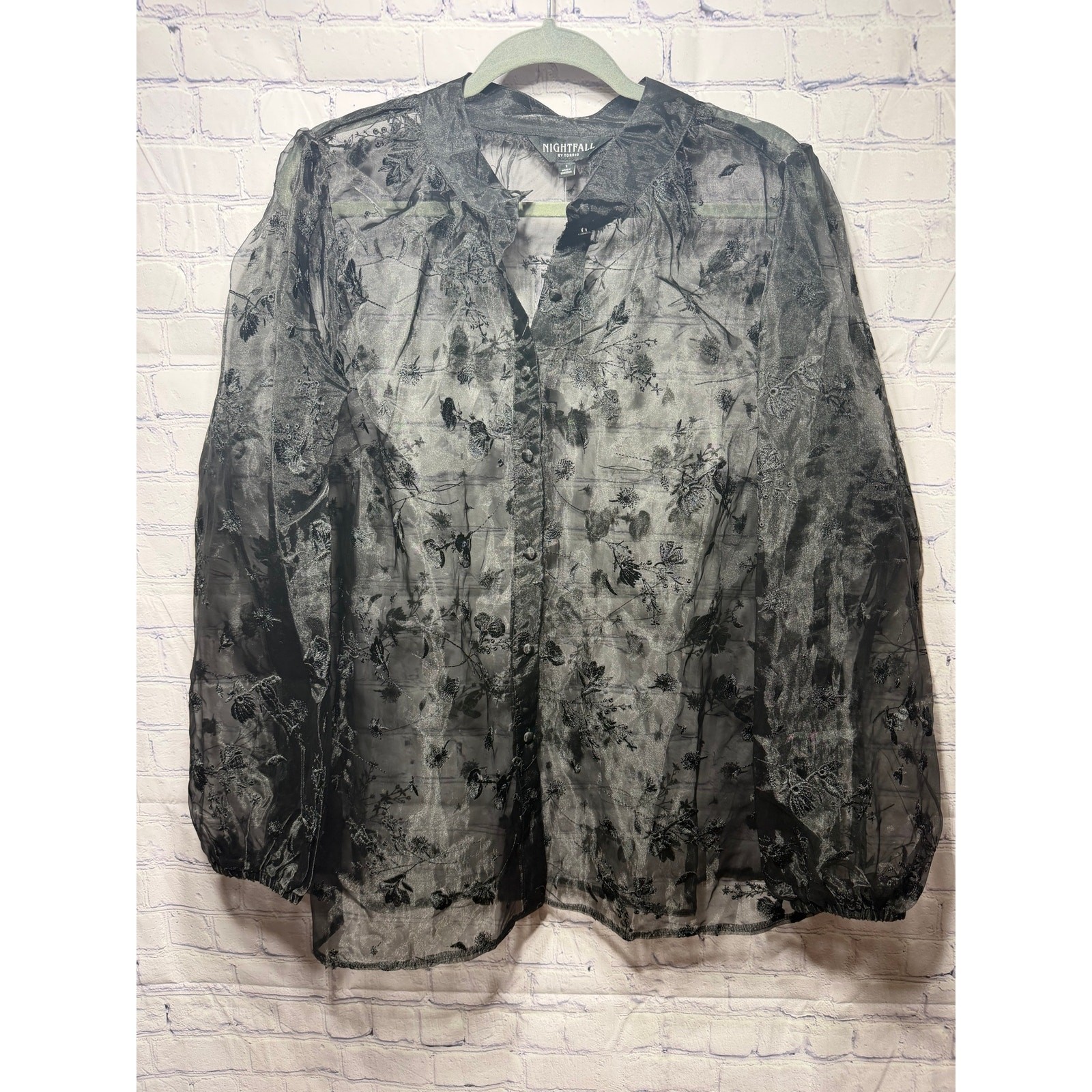 Nightfall Torrid Sheer Floral Long Sleeve Button Down Black Sz 1X NWT Whimsigoth Nightfall Torrid Sheer Floral Long Sleeve Button Down Black Sz 1X NWT Whimsigoth