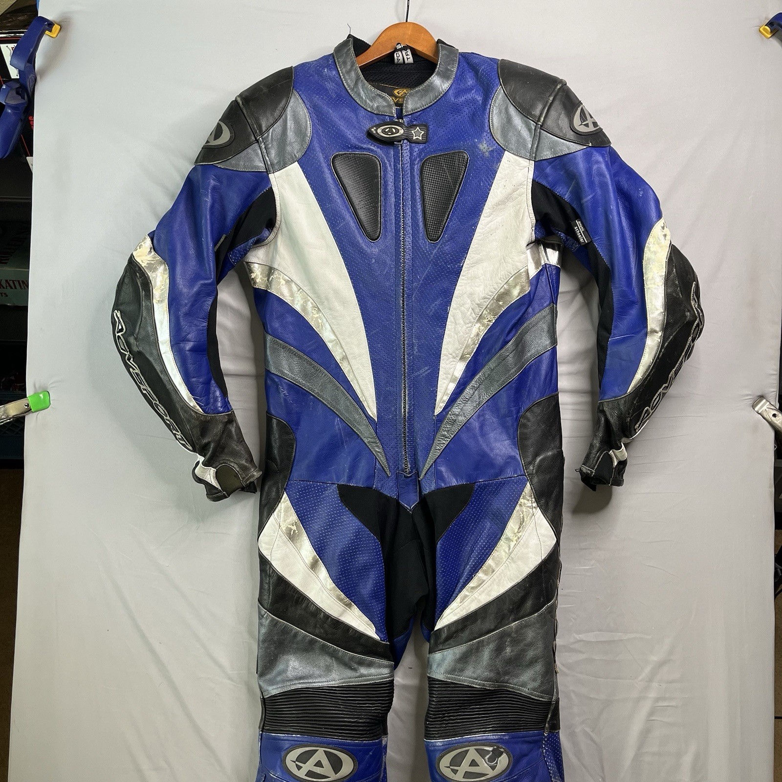 AGV Sport Leather Motorcycle Racing 1pc Suit US 48 Blue Armor Protection *READ