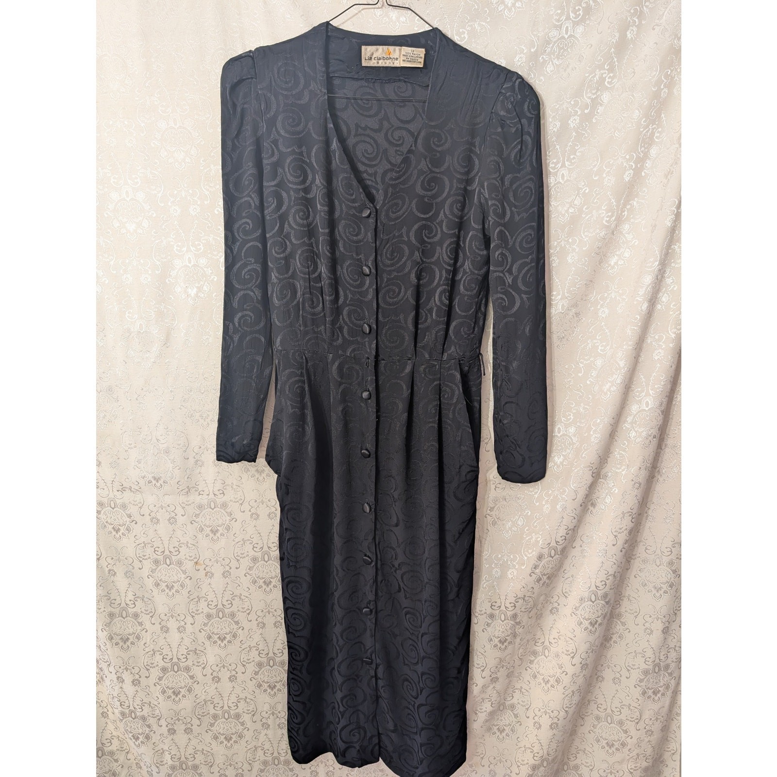 VTG 80s Liz Claiborne Black Jacquard Midi Dress Button Front