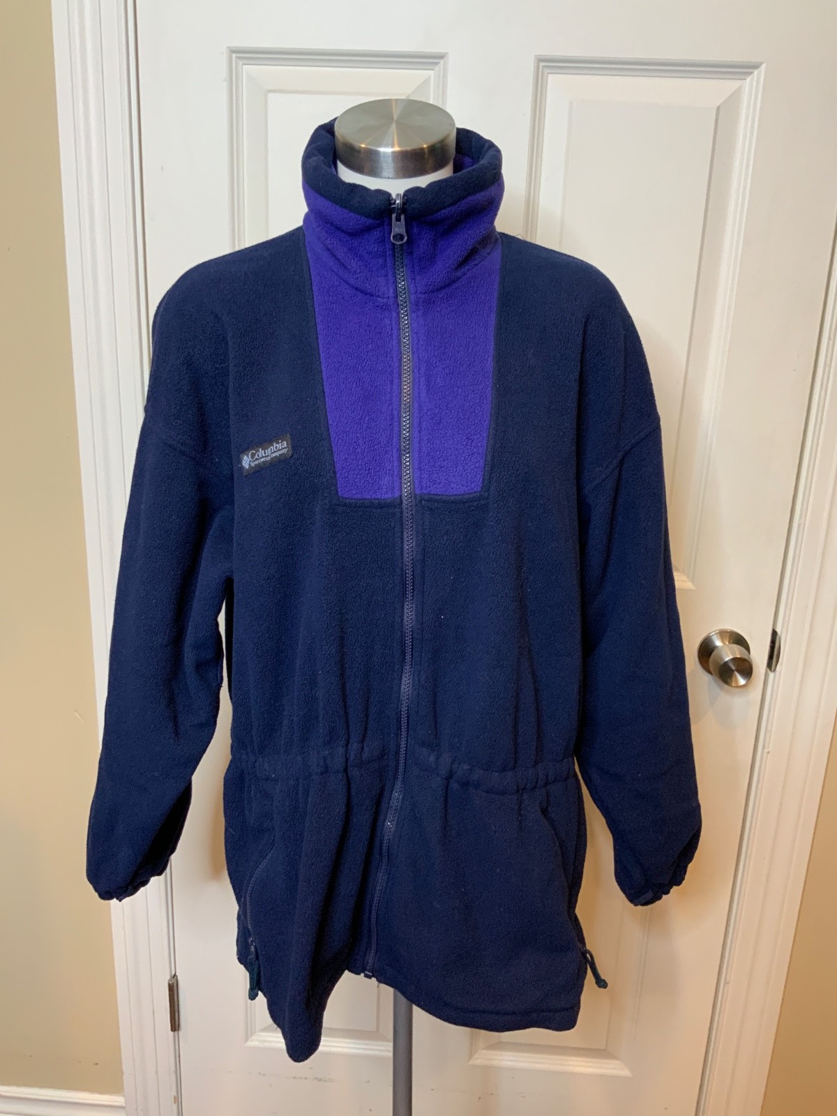 Columbia Vintage Dark Blue Zip-Up Fleece Jacket Waist Cinch,  Size L