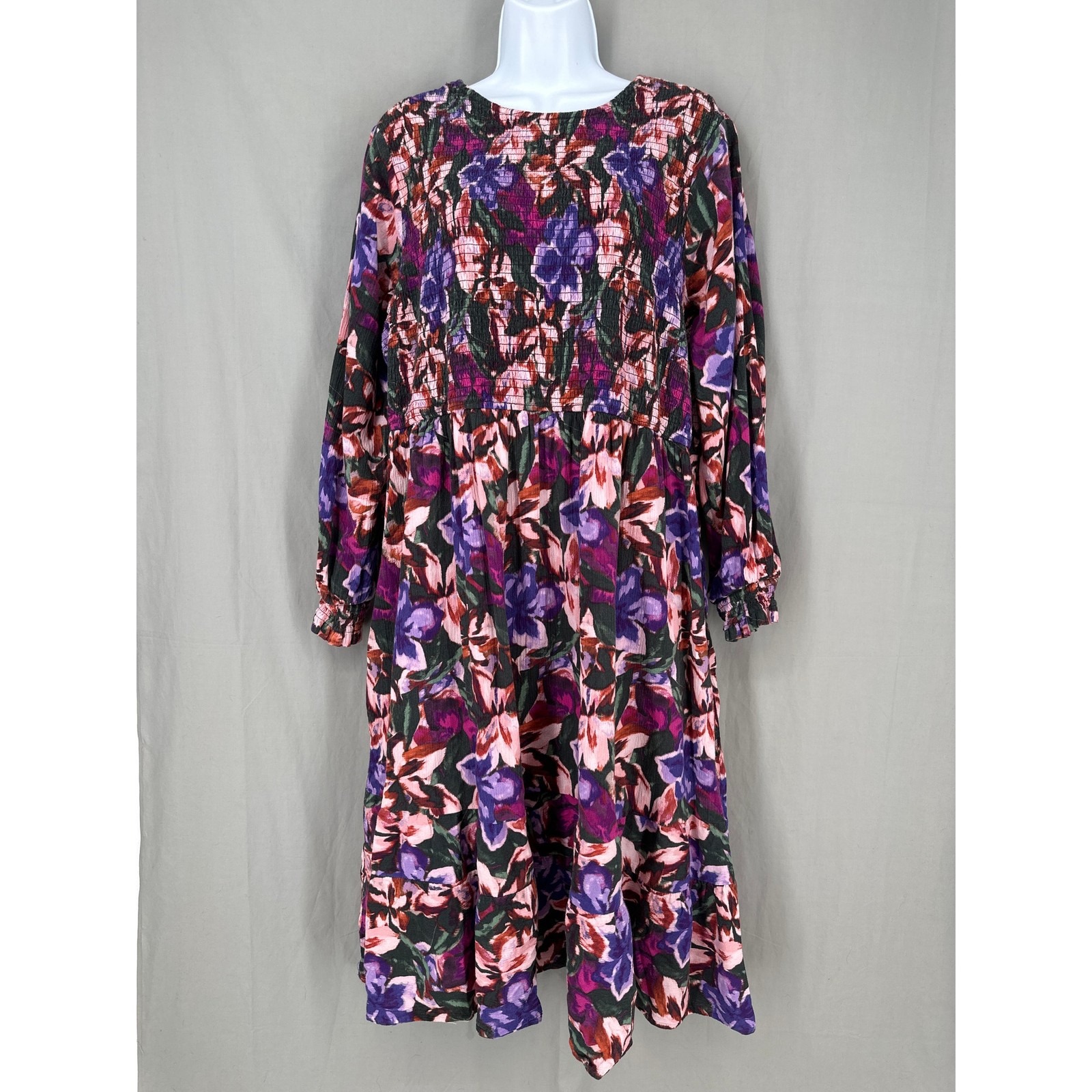Terra Sky Dress Womens 2X Purple Floral Midi Green Boho Tiered Cottage Pockets