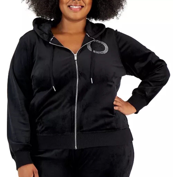 NWOT Calvin Klein Velour Rhinestone-Embellished Graphic Hoodie Black Size M