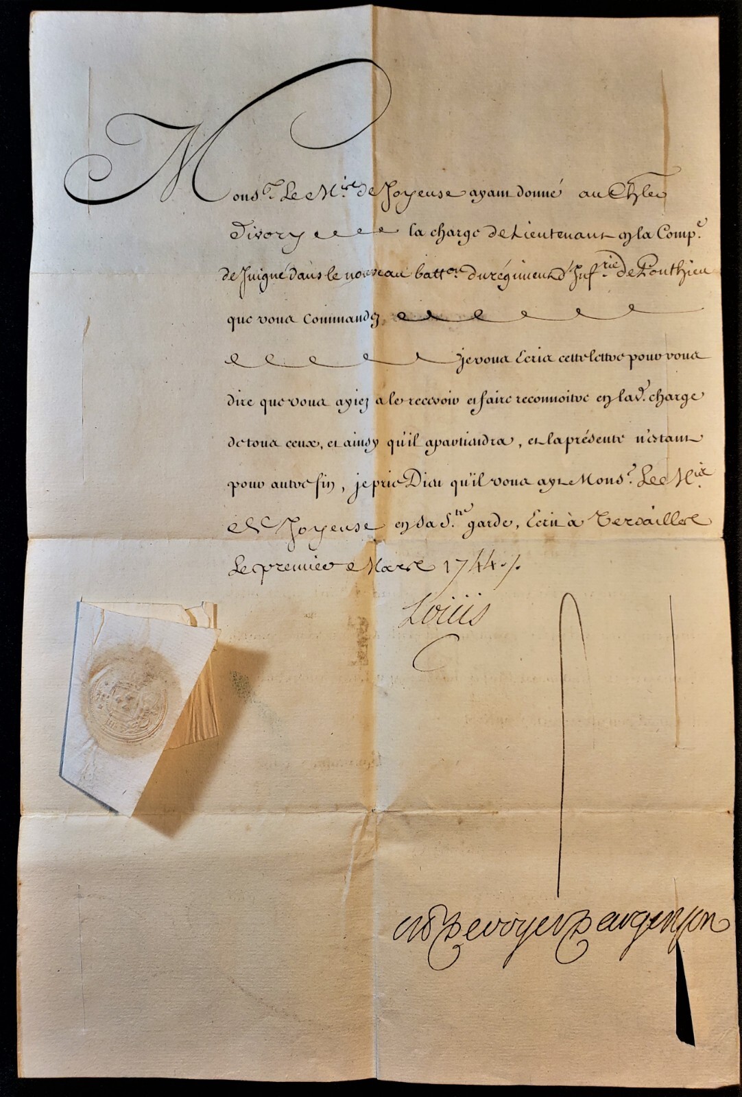 LOUIS XV LETTER TO JEAN AARMAND DE JOYEUSE - Infantry Regiment de Ponthieu 1744