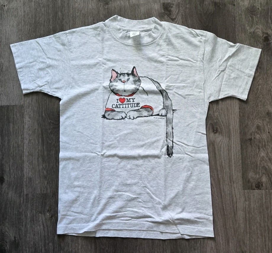 VTG 1992 Painted Lady My Cattitude Cat T Shirt Gray USA Single Stitch Large