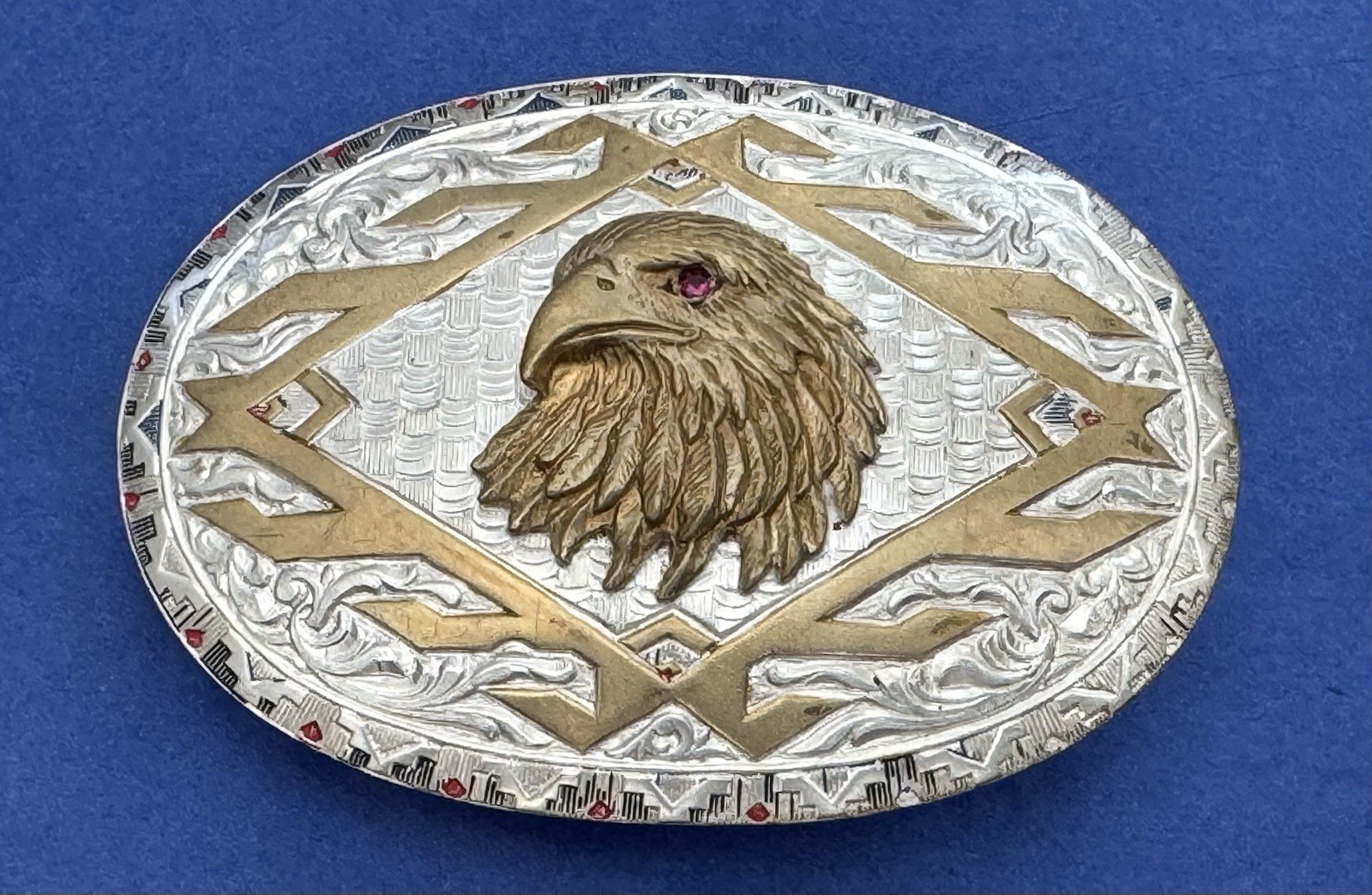 Vintage Premium Crumrine Heavy Sterling Silver Plated Red Eyed Eagle Belt Buckle