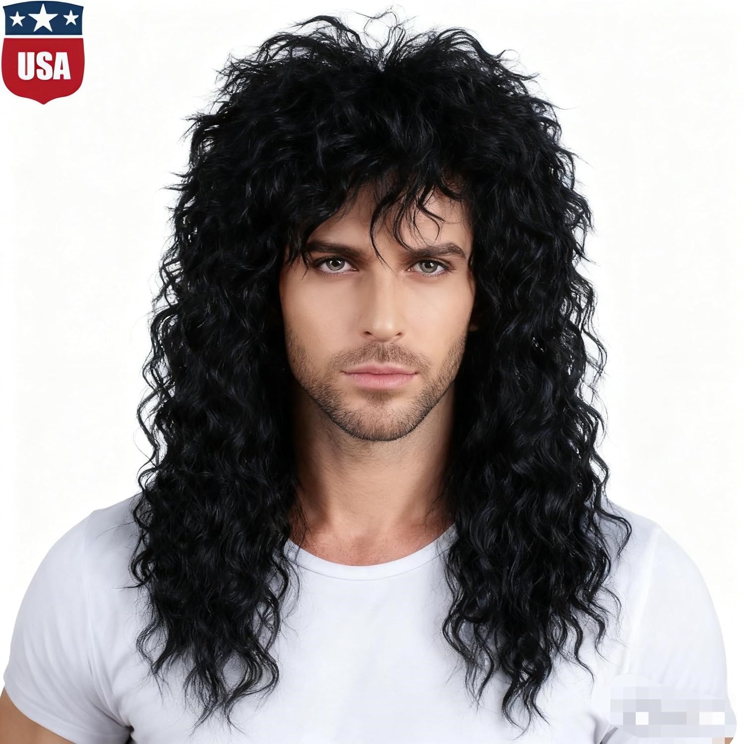 Men's 80s Black Long Curly Wig With Bangs Mullet Rock Wigs Costume Male Wig US