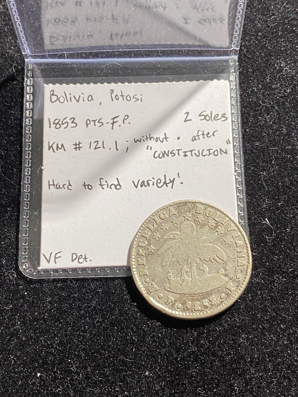 SILVER Bolivia Potosi 1853 FP 2 Soles Variety Without Dot SILVER Bolivia Potosi 1853 FP 2 Soles Variety Without Dot