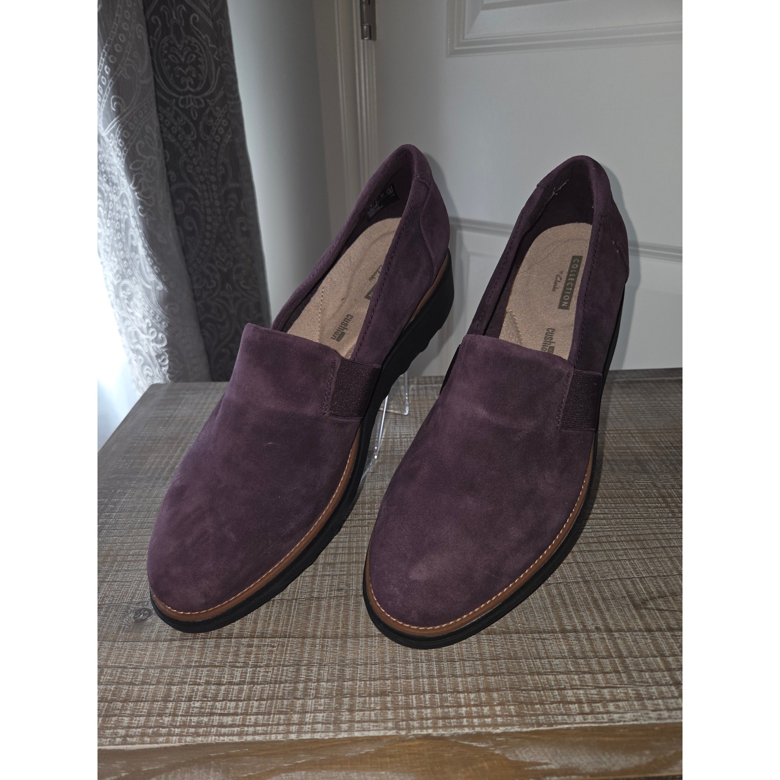 Clark\'s Sharon Tori Purple Suede Wedge Comfort Loafer OrthoLite Size 9M NIB Clark\'s Sharon Tori Purple Suede Wedge Comfort Loafer OrthoLite Size 9M NIB