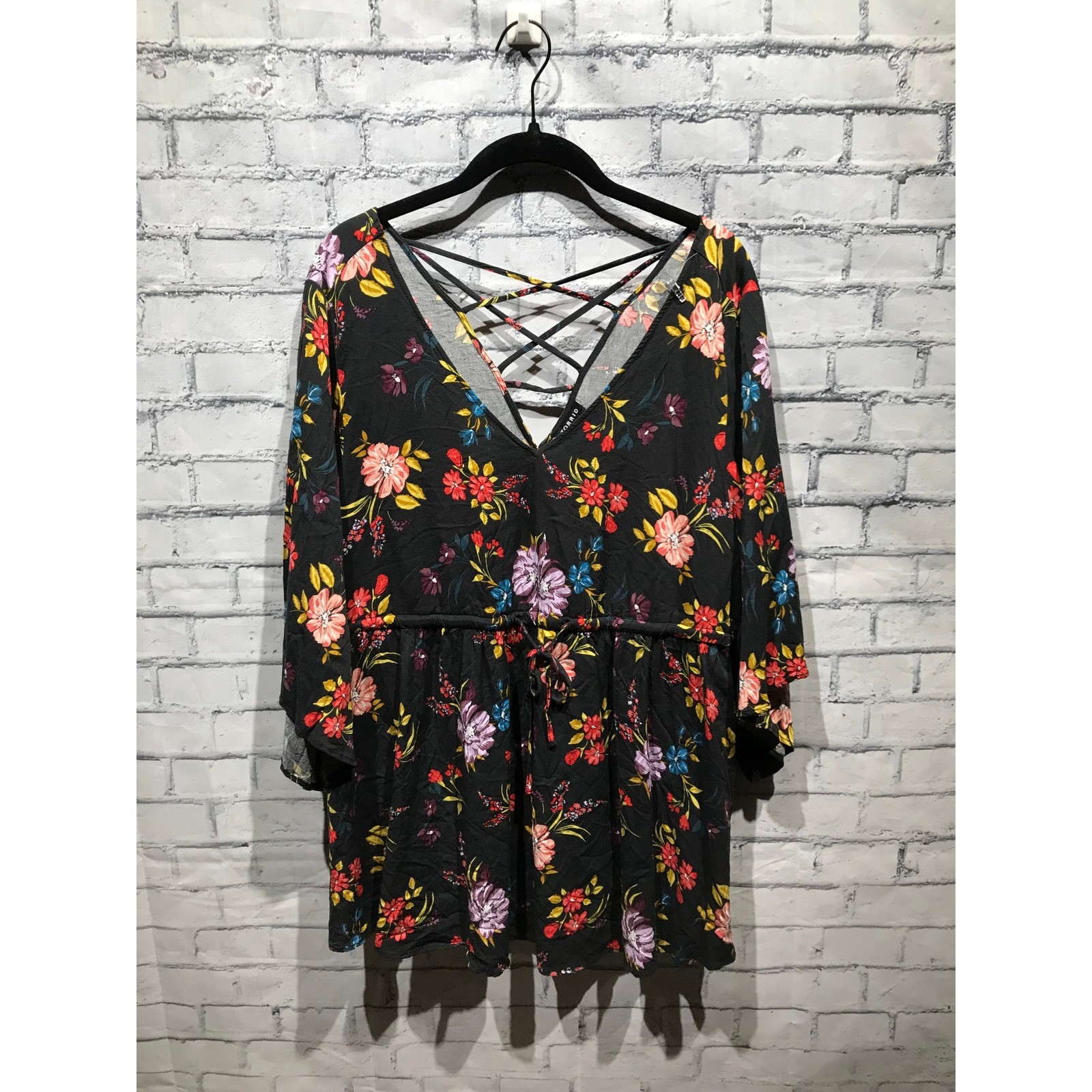 Torrid 2 (Plus 2X) Black Boho Floral Bell Sleeve Lace-Up Babydoll Blouse