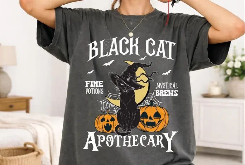 Vintage Black Cat Halloween Shirt, Witch Cat Graphic, Spooky Seas tee