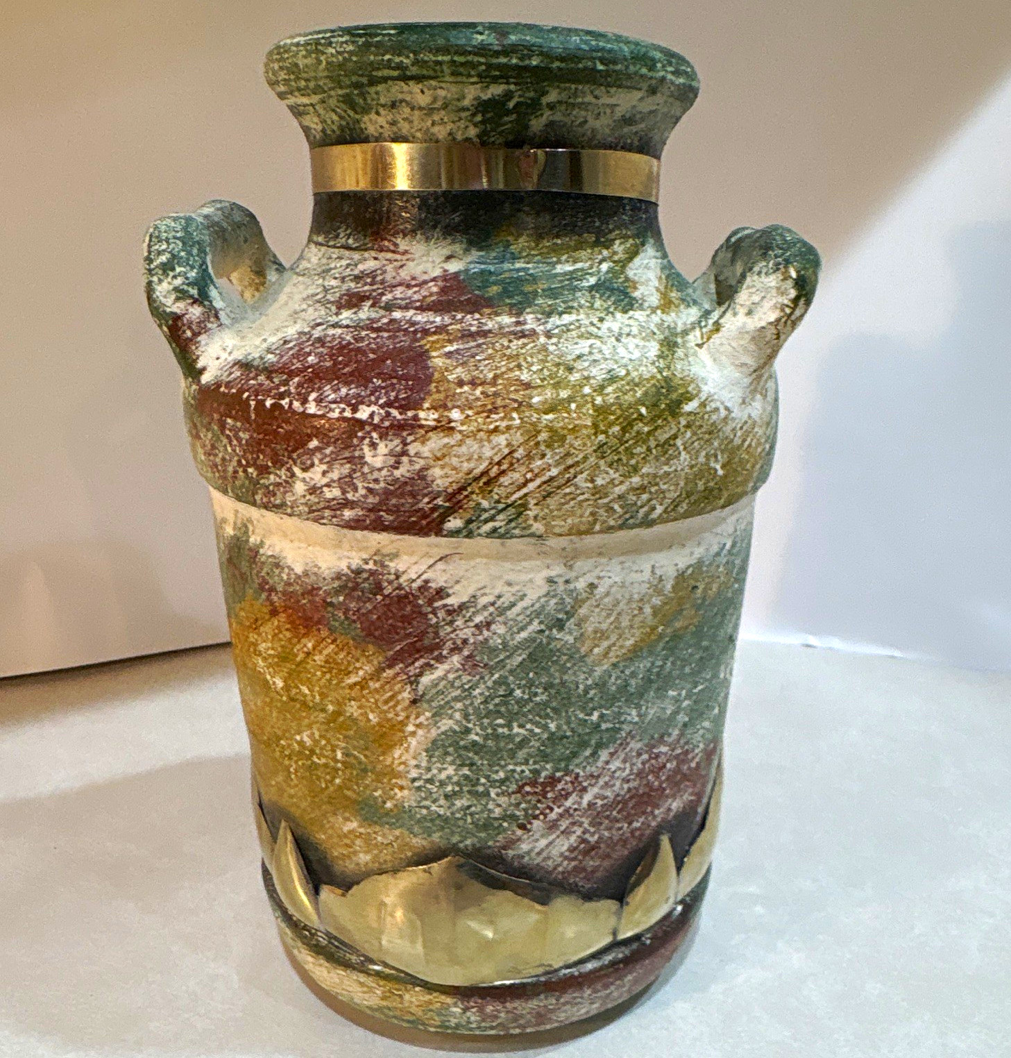 VTG Rustic Ceramic Pottery Jug Ewer Vase Distressed multicolored w/ silver band VTG Rustic Ceramic Pottery Jug Ewer Vase Distressed multicolored w/ silver band