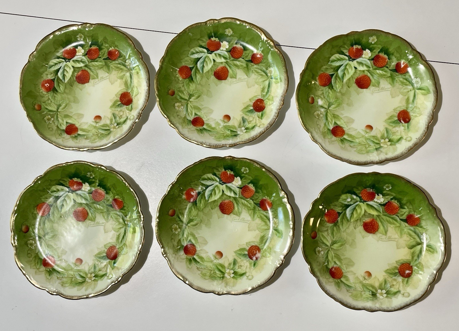 Antique PT Tirschenreuth Bavaria Strawberry Plates Signed Curt Olivier Set 6