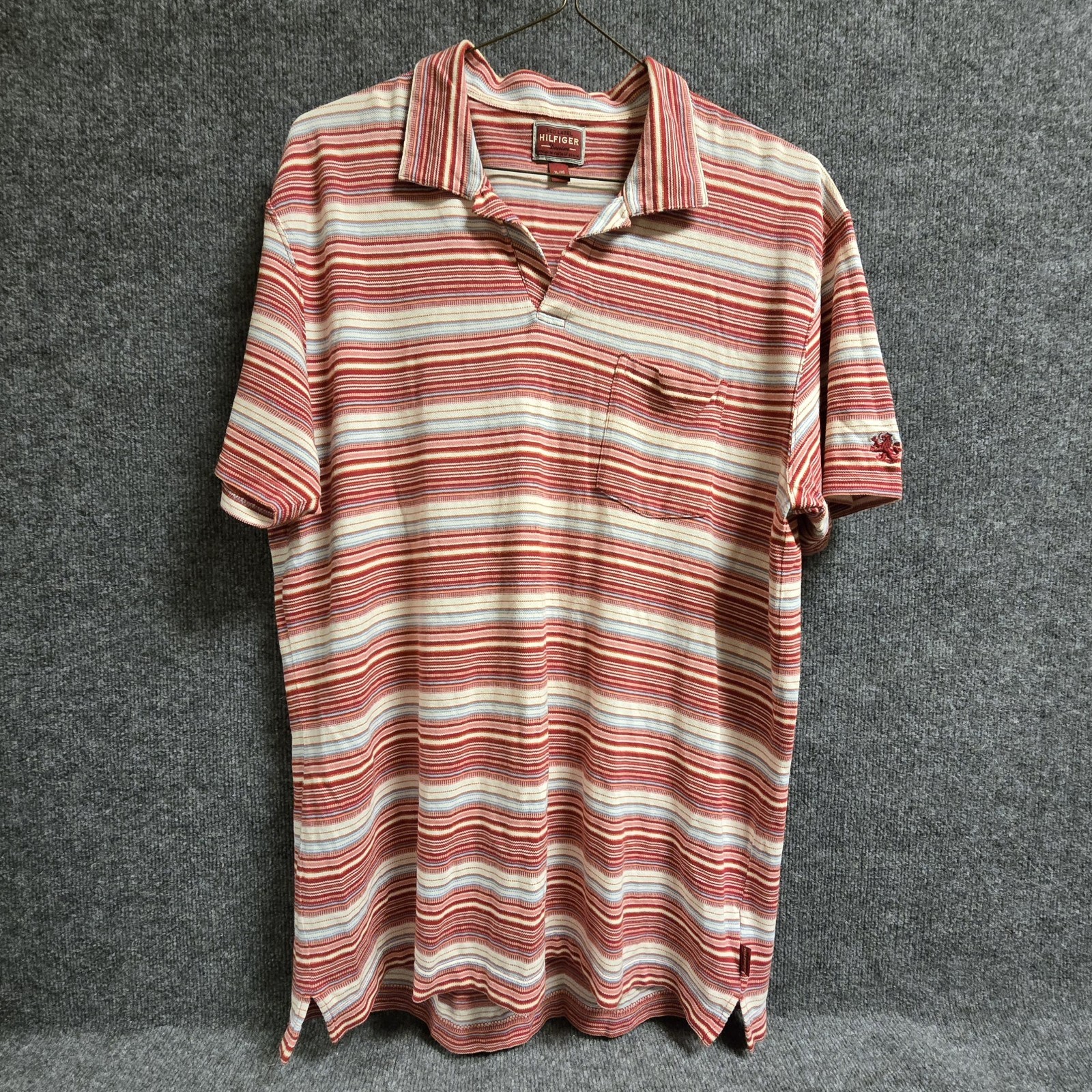 Vintage Tommy Hilfiger Red Label Denim Polo Shirt Mens XL Striped Y2K Pocket