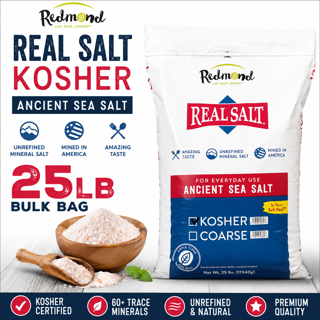 Redmond Real Salt Kosher Sea Salt 25 lb Bulk Bag Unrefined Natural Mineral Salt Redmond Real Salt Kosher Sea Salt 25 lb Bulk Bag Unrefined Natural Mineral Salt