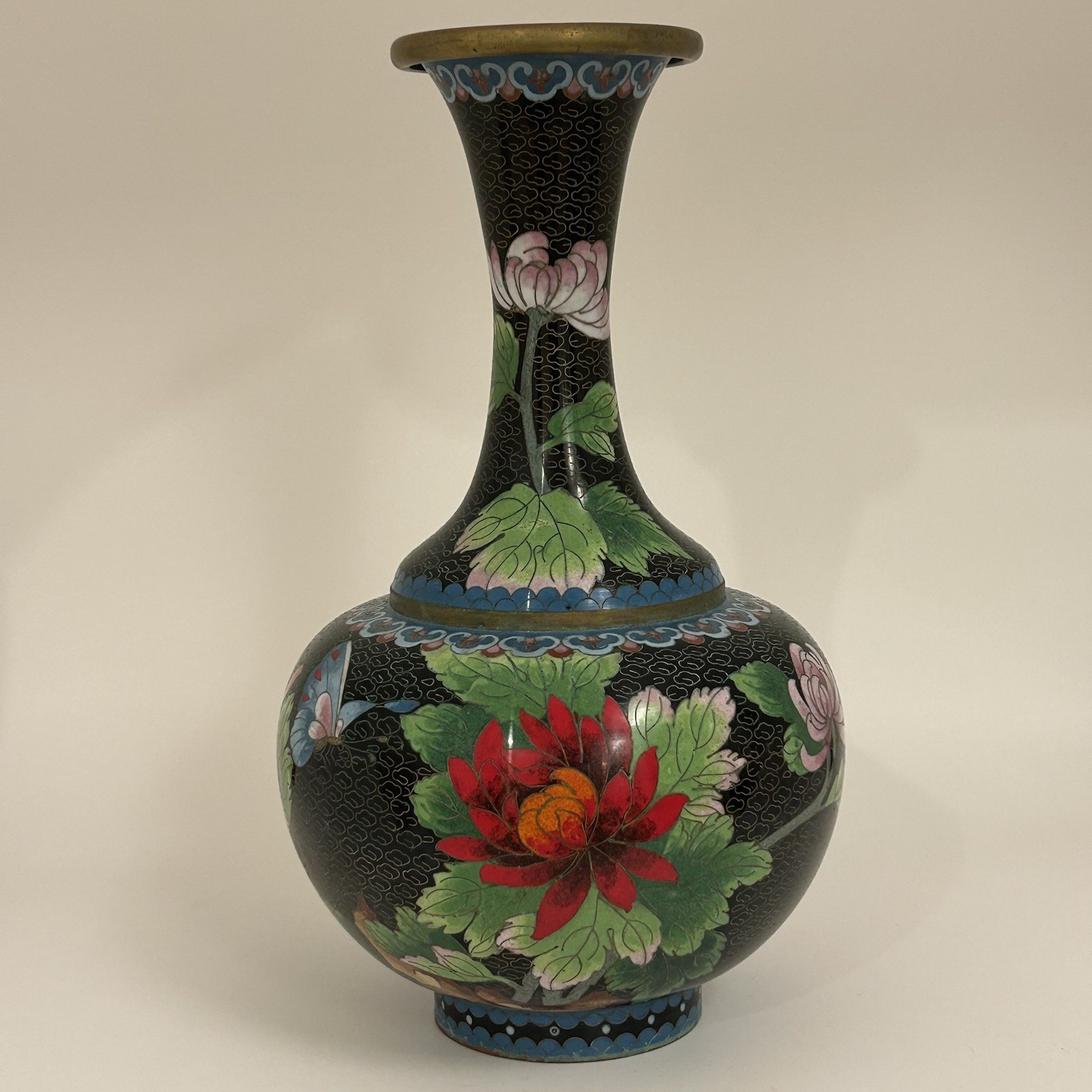 Vintage Chinese Cloisonne Jingfa Vase  Blossoms Floral Green Blue Red 12” Tall