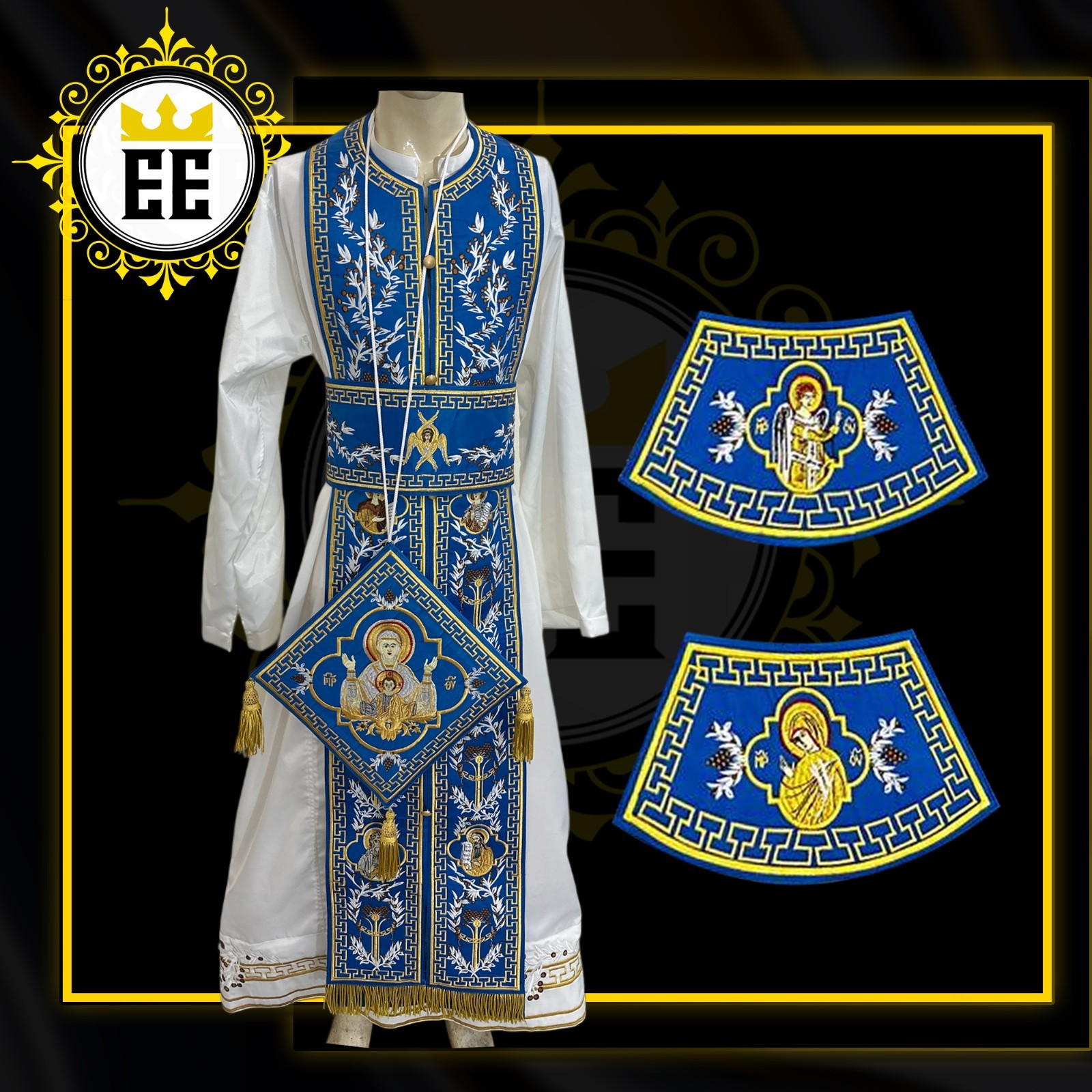 Orthodox Vestment Set – Embroidered Blue Epitrachelion, Epigonation, Belt & Cuff