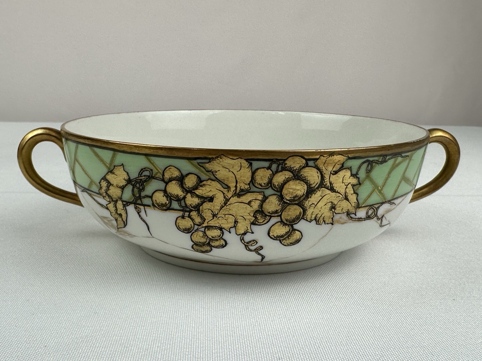 Antique Limoges France GDA Hand Painted Double Handle Bowl Gold Grapes Art