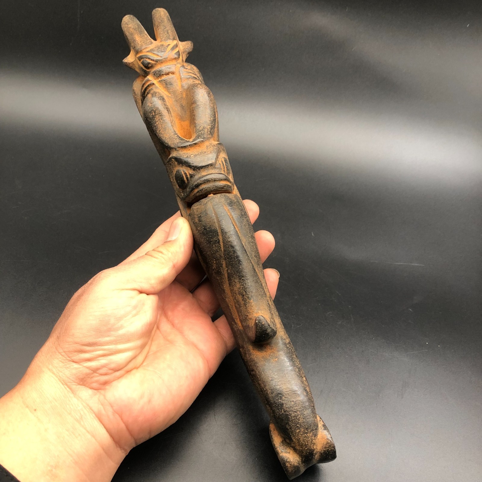 Old China HongShan Culture Meteorite Jade Carved Sun God & Beast Head Statue