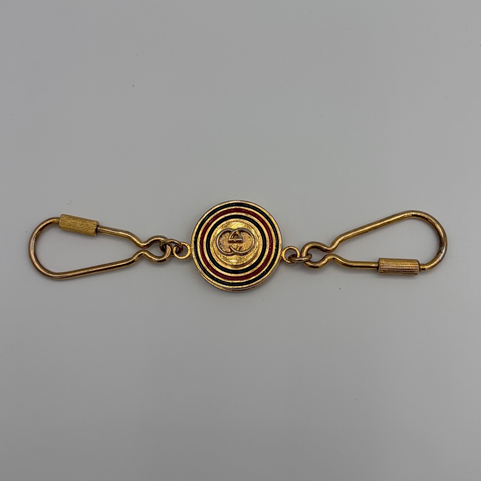 Vintage GUCCI Double Key Ring Interlocking GG Web Sherry Enamel Gold Tone Italy