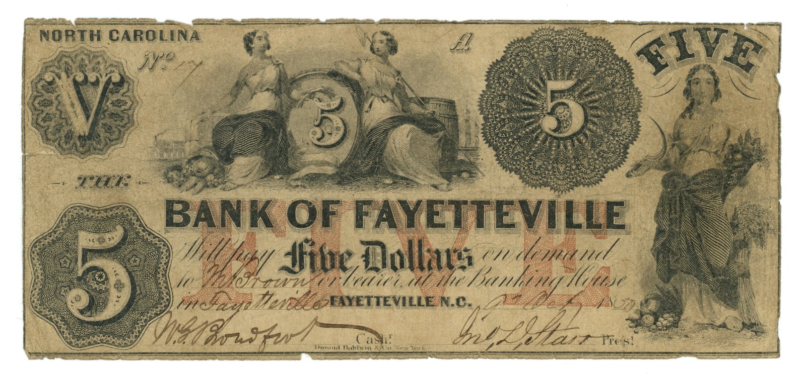 1850 Bank of Fayetteville North Carolina $5 Obsolete Note NC20-G10a (68619)