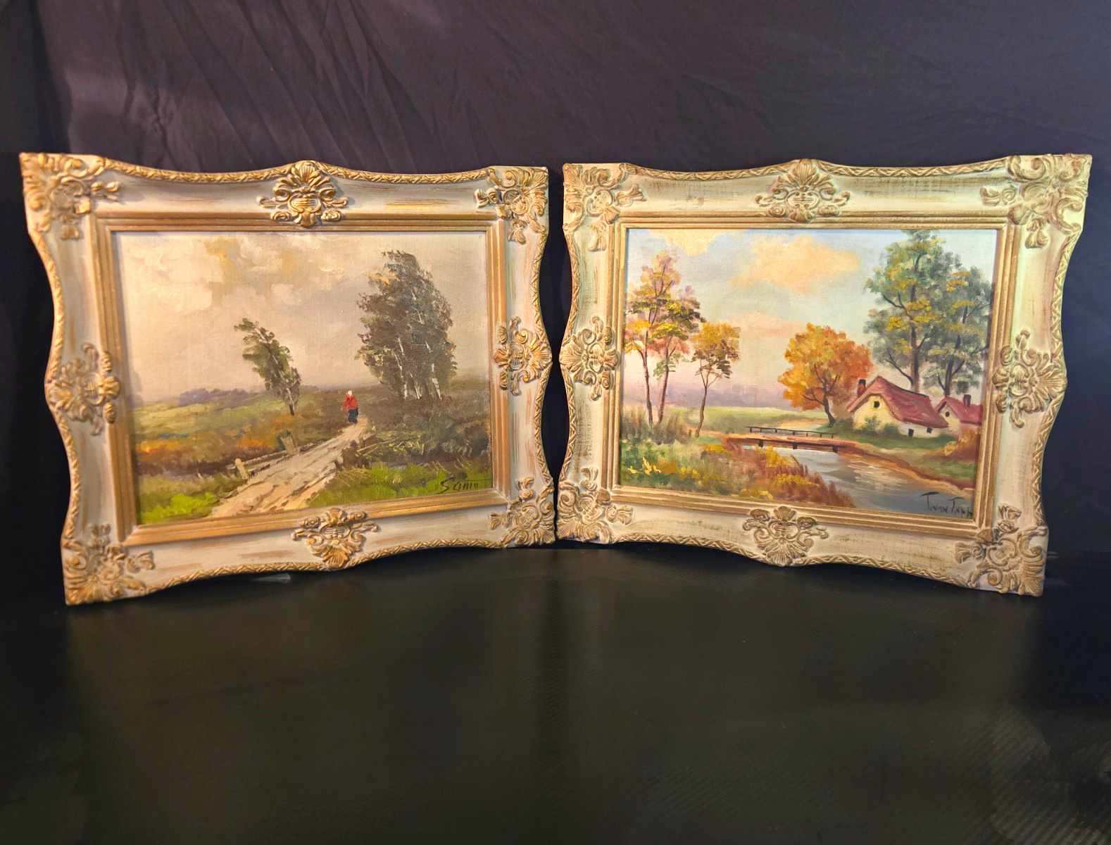 Pair Vintage Signed Landscape Paintings Ornate Gold Frames Cottage Bridge