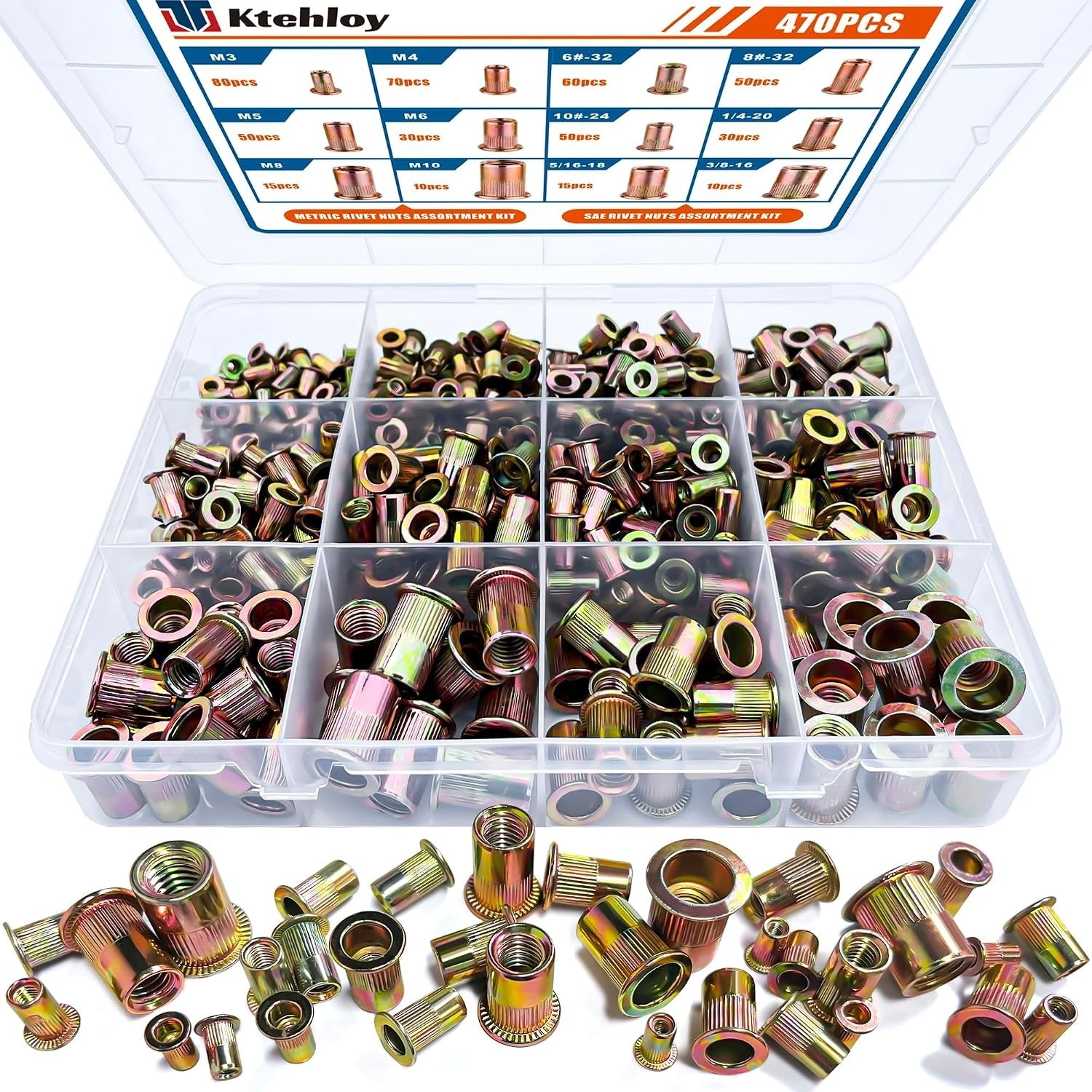 470Pcs SAE UNC Rivet Nut Assortment Kit, Zinc Plated Carbon Steel Rivnut Threade