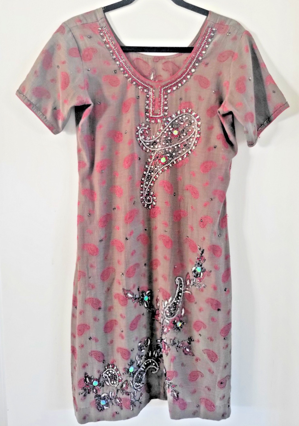 Vintage Hand Embellished Kurti Tunic Top Beaded Paisley Boho Festival Chic