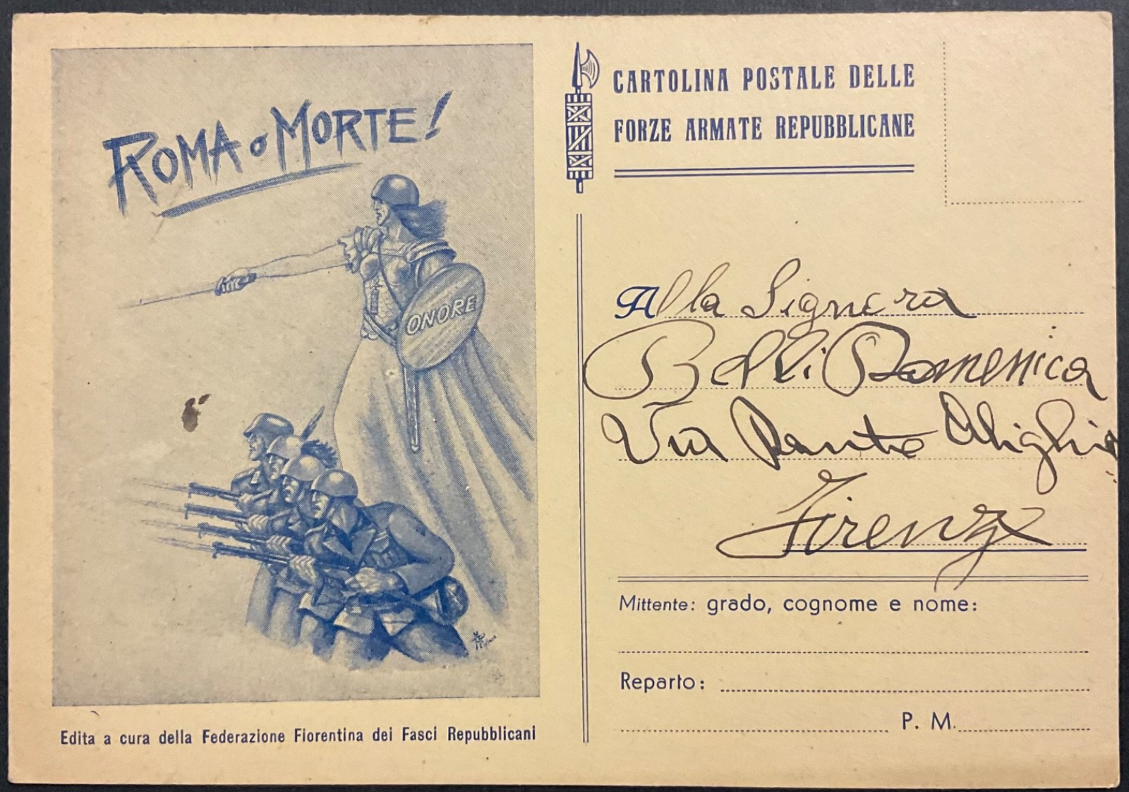 RSI REPUBLICAN ARMED FORCES POSTCARD ROME OR DEATH RSI 1943.1945 RSI REPUBLICAN ARMED FORCES POSTCARD ROME OR DEATH RSI 1943.1945