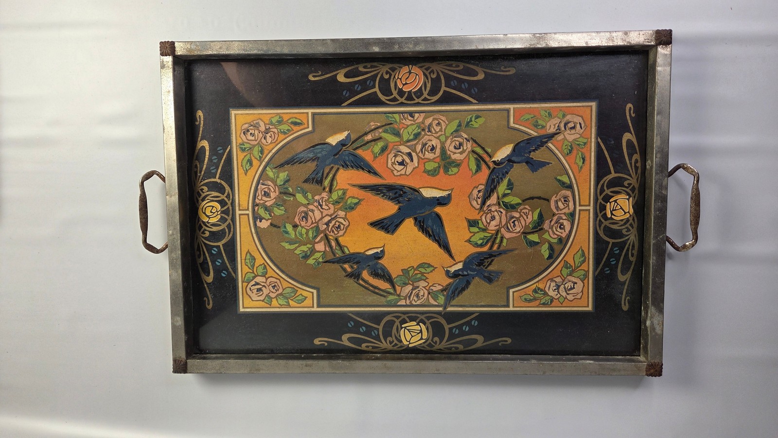 Art Nouveau Reverse Painted Glass Serving Tray Birds Roses Metal
