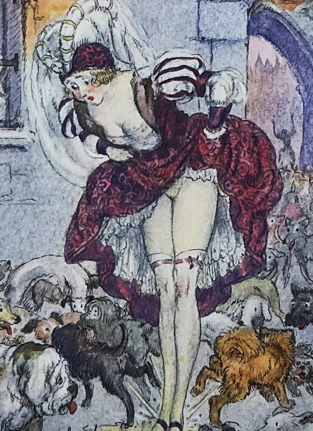 Louis Icart — Panurge\'s Revenge: The Lady & Dogs. Original Heliogravure 1936.