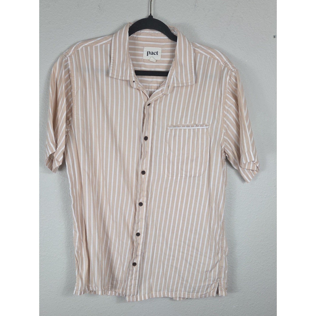 Pact Button Front Shirt Mens L Beige Striped Fair Organic Cotton Short Sleeve