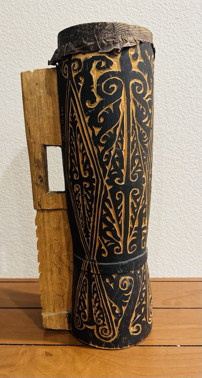 Vintage Asmat Kundu Hand Drum Papua New Guinea Carved Wood Tribal Artifact