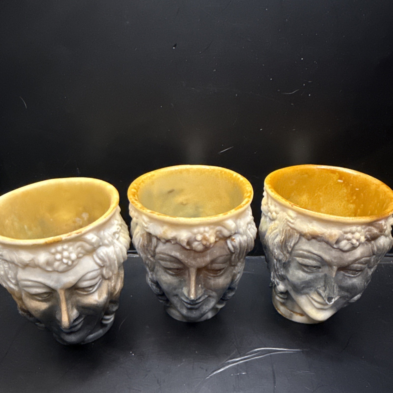 Vintage Handcrafted Incolay Stone Greek Goddess Cup Mug Woman Lady Face lot 3