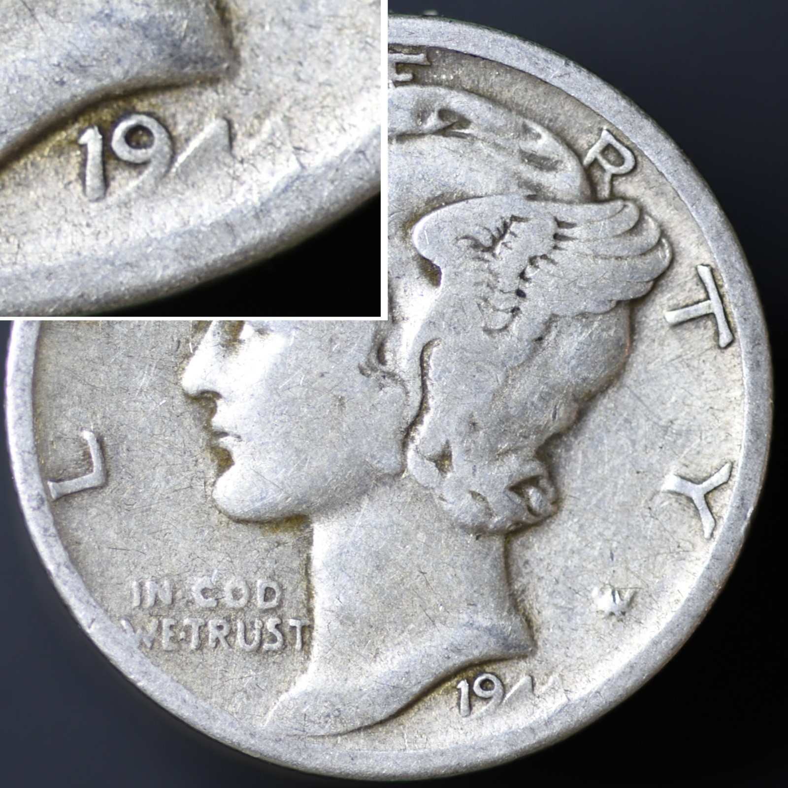 1944-S 10C Mercury Dime Grease STRIKE-THROUGH Date F (#8192) 1944-S 10C Mercury Dime Grease STRIKE-THROUGH Date F (#8192)