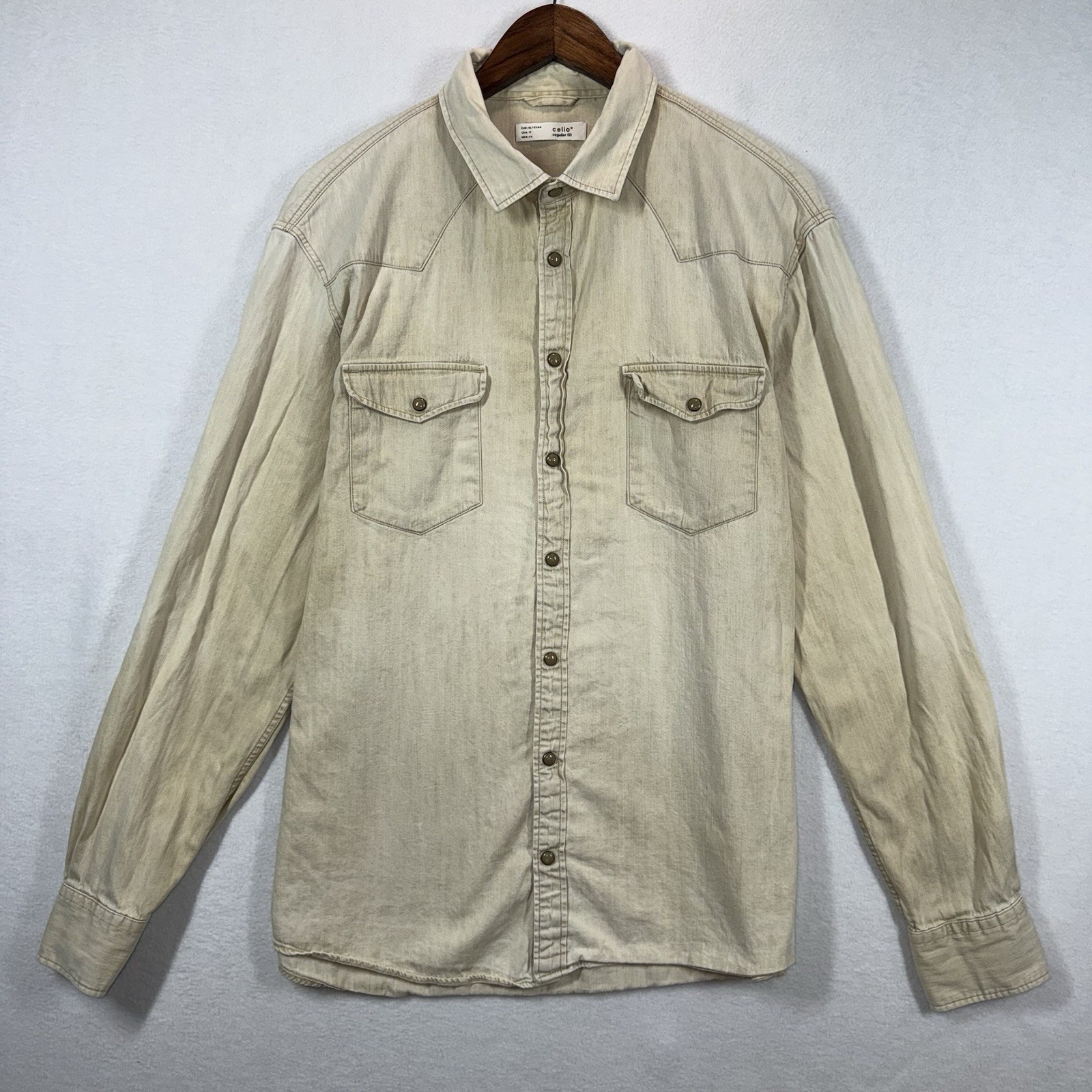 Celio Denim Pearl Snap Shirt Mens XL Beige Tan Western Workwear Overshirt