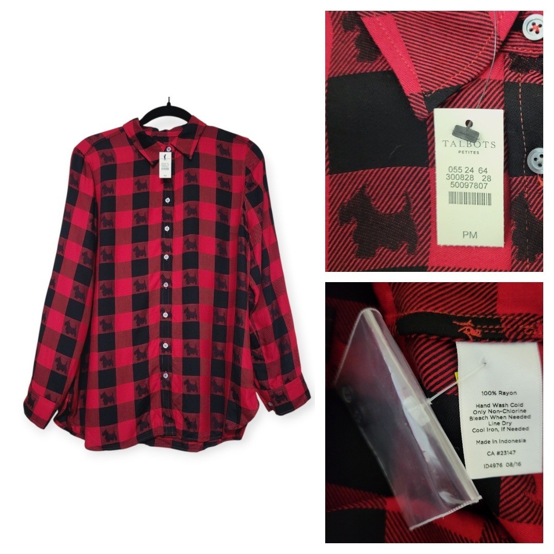 Talbots Womens PM Scotty Dog Buffalo Plaid Holiday Christmas Festive Button Up