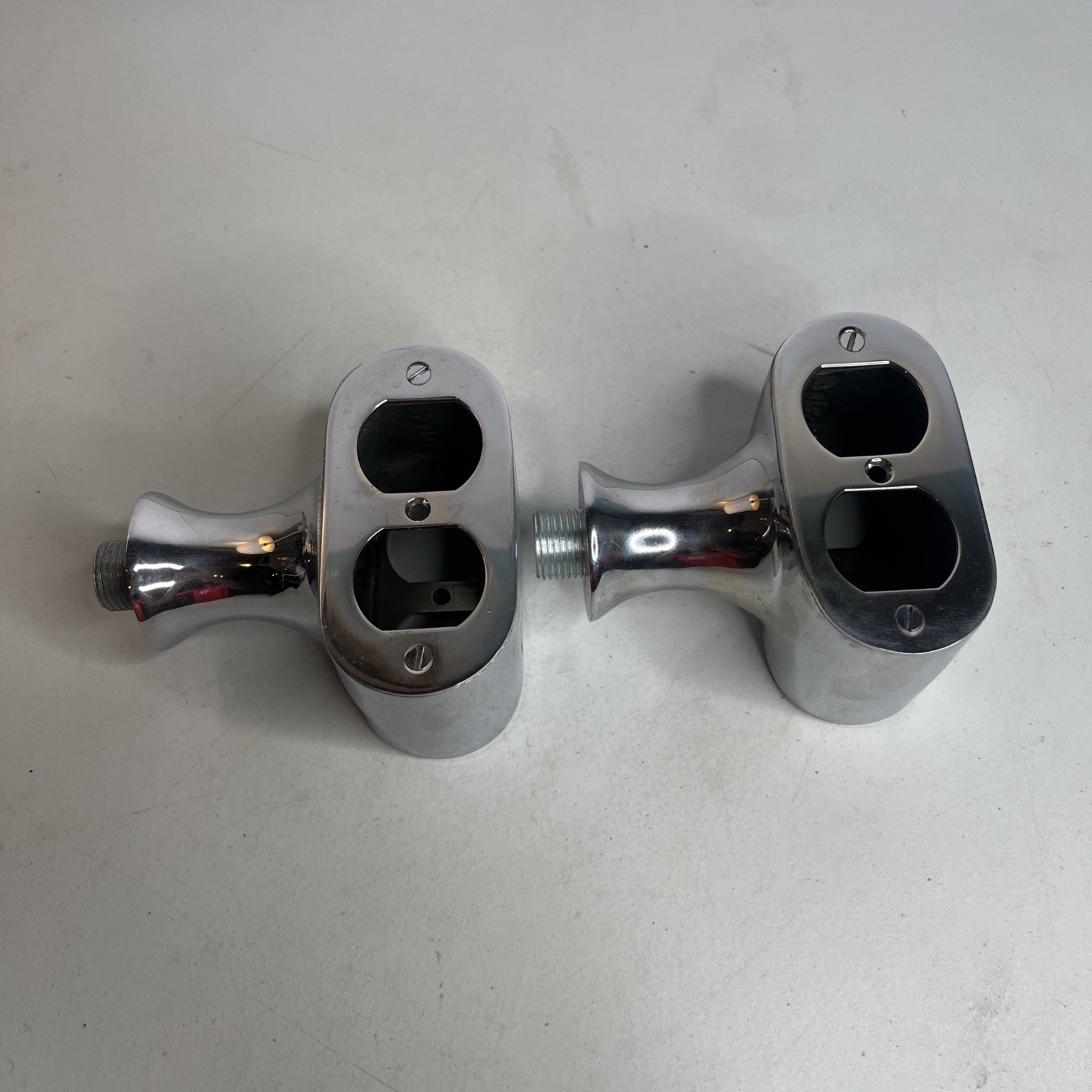 Pair of Vintage Hubbell Chrome Floor Pedestal Outlet Boxes Duplex NOS H702 Mint